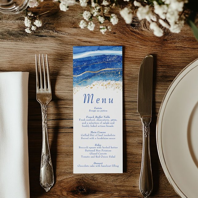 Elegant Blue and Gold Watercolor Menu (Wedding reception dinner menu with blue text and a top border of blue and gold splatters)