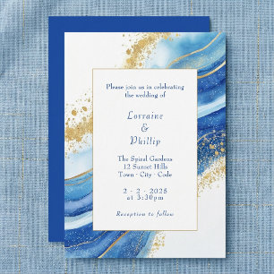  Elegant Blue and Gold Watercolor Wedding  Invitation
