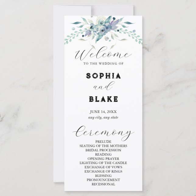 Elegant Blue and Green Floral Wedding Program (Front)