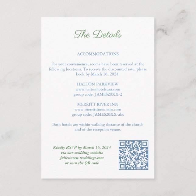 Elegant Blue And Green QR Code Wedding Details Enclosure Card (Front)