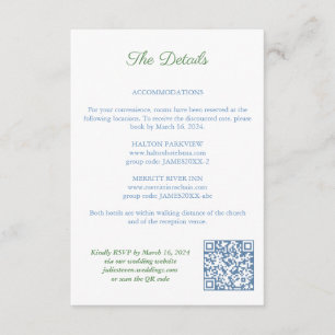 Elegant Blue And Green QR Code Wedding Details Enclosure Card
