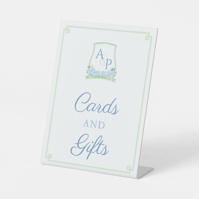 Elegant Blue And Green Wedding Cards And Gifts Pedestal Sign (Front)