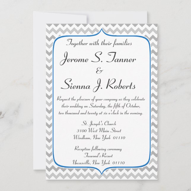 Elegant Blue and Grey Chevron Wedding Invitation (Front)