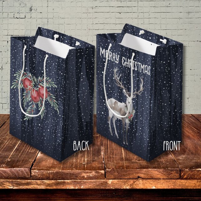Elegant Blue and Grey Snowy Reindeer Christmas  Medium Gift Bag (Creator Uploaded)