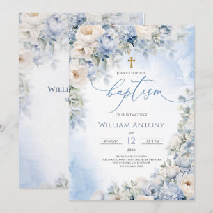 Elegant Blue and Ivory Floral Boy Baptism Christen Invitation
