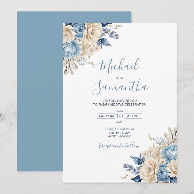 Elegant Blue and Ivory Rose Wedding Invitation (Front/Back)