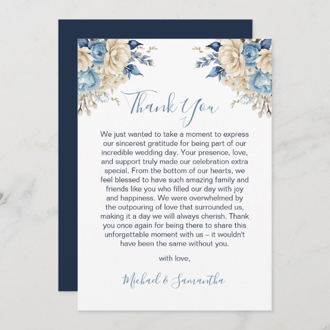 Elegant Blue and Ivory Rose Wedding Thank You Card (Front/Back)