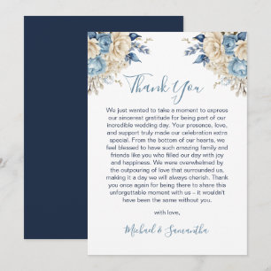 Elegant Blue and Ivory Rose Wedding Thank You Card