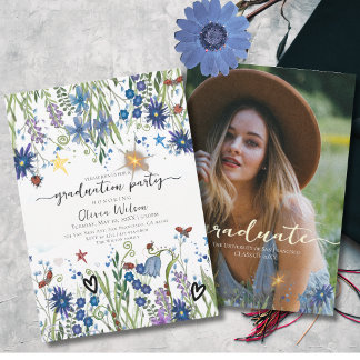 Elegant Blue and Navy Floral & Photo Graduation Invitation