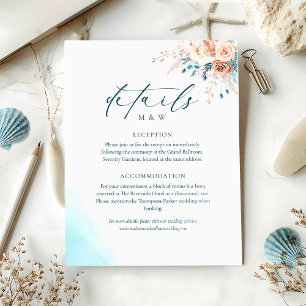 Elegant Blue and Peach Floral Watercolor Wedding Enclosure Card