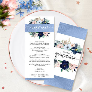 Elegant Blue and Pink Floral Quinceañera Blue Foil Menu