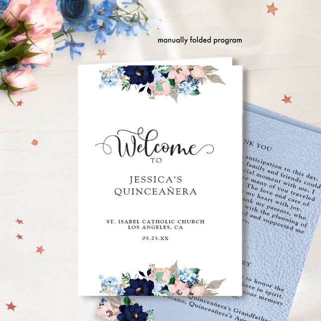 Elegant Blue and Pink Floral Quinceanera Program (Creator Uploaded)