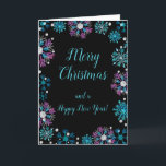 Elegant Blue and Purple Snowflakes Merry Christmas Holiday Card<br><div class="desc">A beautiful Christmas card design featuring elegant turquoise blue and purple snowflakes on a black background. Inside there is a space for a message. A perfect way to greet your friends and relatives in this festive season. The page background colours and the text can be changed to suit your own...</div>