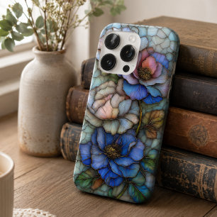 Elegant Blue and Purple Stained Glass Flowers iPhone 16 Pro Case