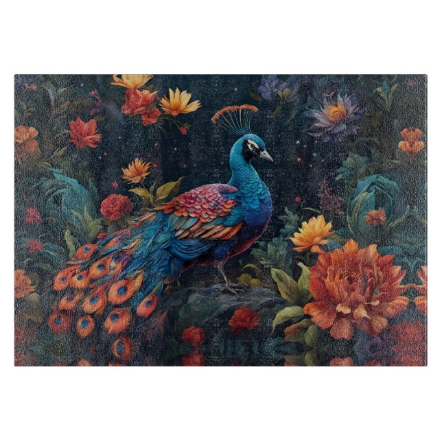 Elegant Blue and range Peacock Star Filled Garden Cutting Board (Front)