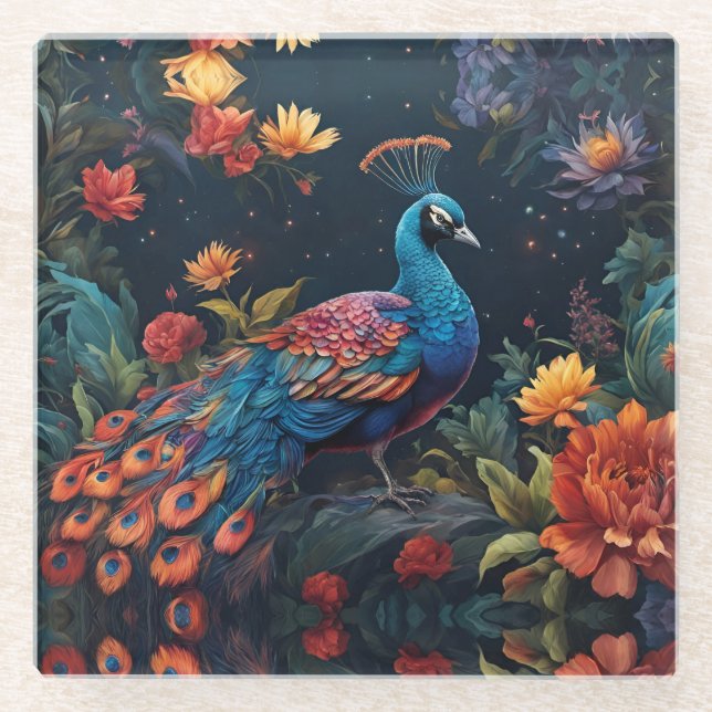 Elegant Blue and range Peacock Star Filled Garden Glass Coaster (Front)