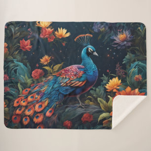 Elegant Blue and range Peacock Star Filled Garden Sherpa Blanket