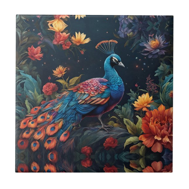 Elegant Blue and range Peacock Star Filled Garden Tile (Front)