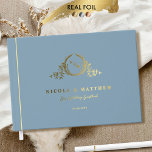 Elegant Blue and Real Foil Monogram Wedding Guest Book<br><div class="desc">Personalise this elegant monogrammed wedding guestbook featuring real gold, silver, or rose gold foil on exquisite monogram and front, spine, and back text. Blue cover background colour in luxurious velvety-soft texture, and beautiful modern calligraphy details in a clean, minimal, and sleek style. Three size options with three inside paper-type choices....</div>