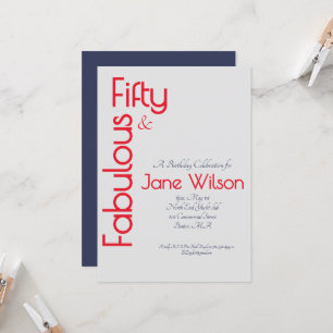 Elegant Blue and Red 50 Fabulous Birthday Party Invitation