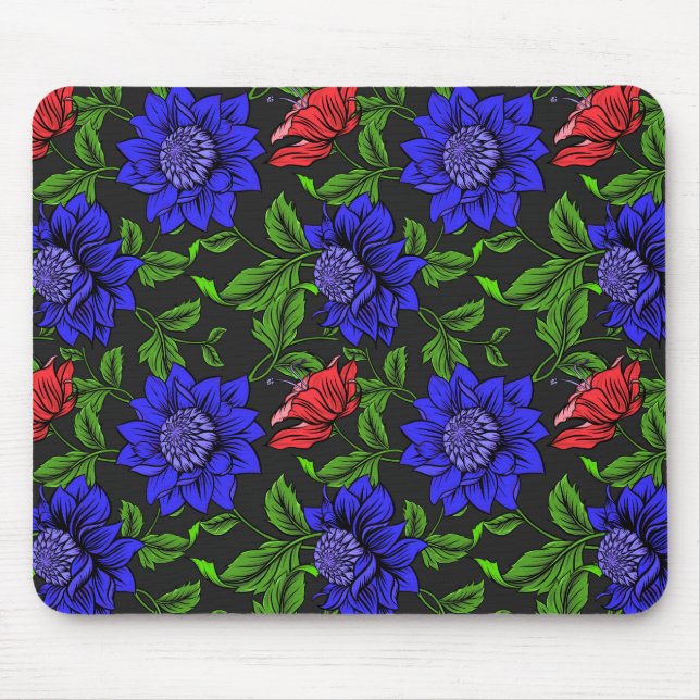 Elegant Blue And Red Flower Black Background Mouse Pad (Front)