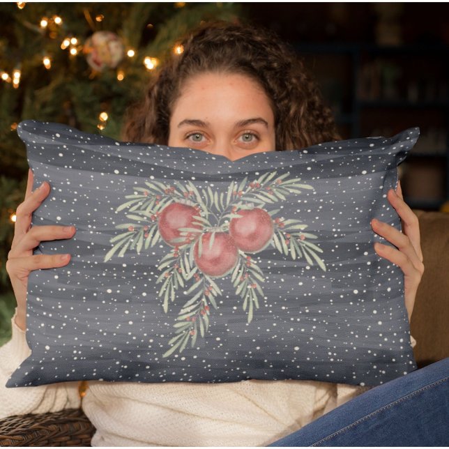 Elegant Blue and Red Snowy botanical Christmas  Decorative Cushion (Creator Uploaded)
