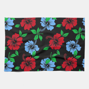 Elegant blue and Red Tropical Floral Pattern Tea Towel