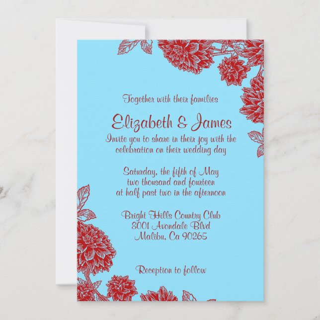 Elegant Blue And Red Wedding Invitations (Front)