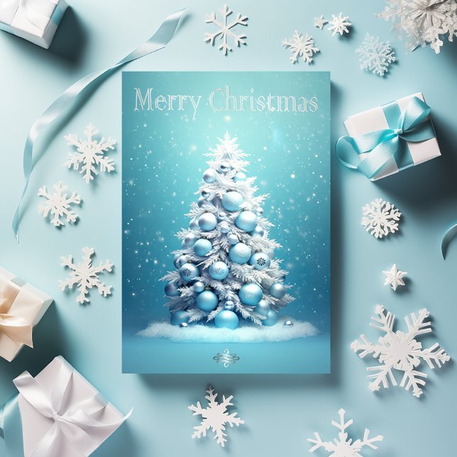 Elegant Blue and Silver Christmas Tree Holiday Postcard (Whimsical Blue and Silver Winter Wonderland Christmas Tree Merry Christmas Holiday Postcard)