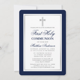 Elegant Blue and Silver First Holy Communion Invitation