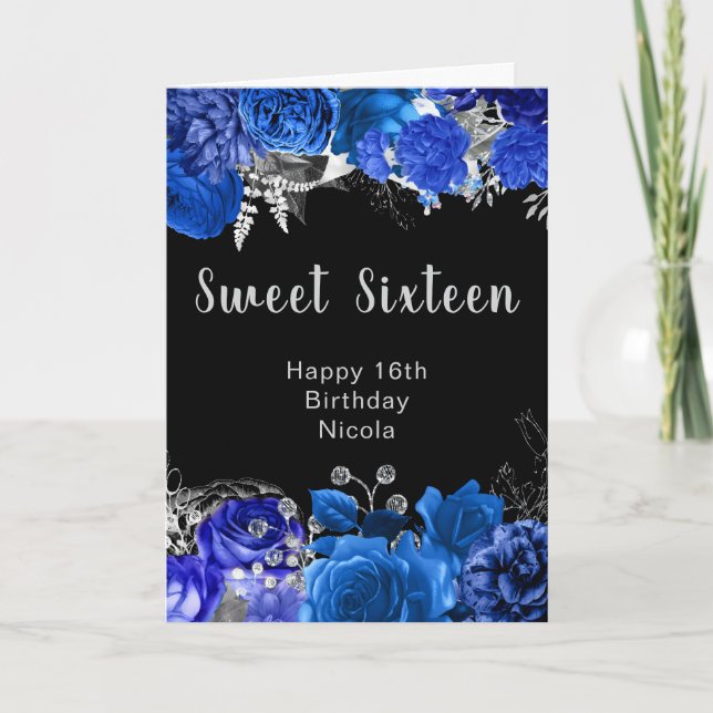 Elegant Blue and Silver Flowers Sweet Sixteen Card (Front)