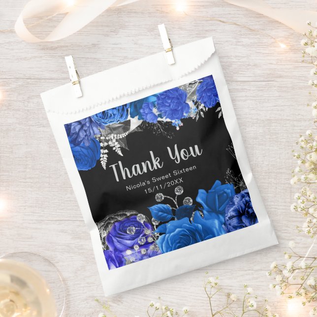 Elegant Blue and Silver Flowers Sweet Sixteen Favour Bags (Clipped)