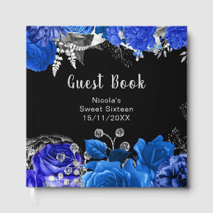 Elegant Blue and Silver Flowers Sweet Sixteen Guest Book