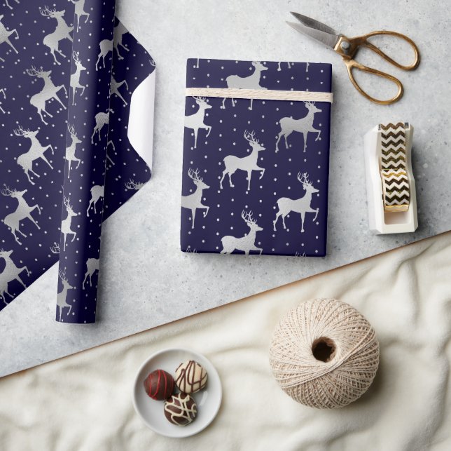 Elegant Blue and Silver Foil Reindeer Christmas Wrapping Paper (Crafts)