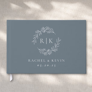 Elegant Blue and Silver Foliage Monogram Wedding Guest Book