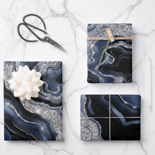 Elegant Blue and Silver Glitter Agate Birthday Wrapping Paper Sheet