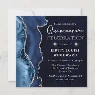 Elegant Blue and Silver Glitter Agate Quinceanera Invitation