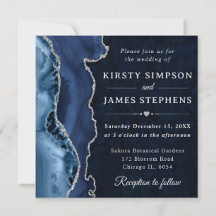 Elegant Blue and Silver Glitter Agate Wedding Invitation