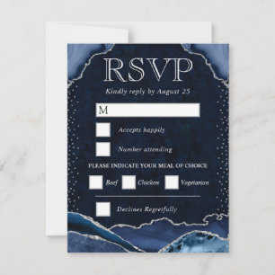 Elegant Blue and Silver Glitter Agate Wedding RSVP Card