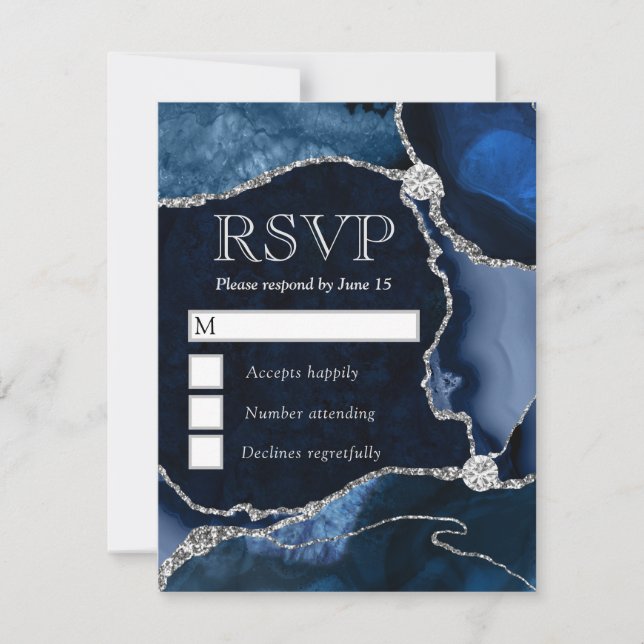 Elegant Blue and Silver Glitter Marble Agate RSVP Card (Front)