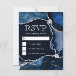 Elegant Blue and Silver Glitter Marble Agate RSVP Card
