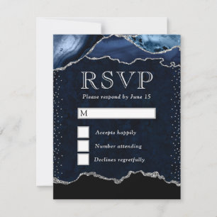 Elegant Blue  and Silver Glitter Marble Agate RSVP Card