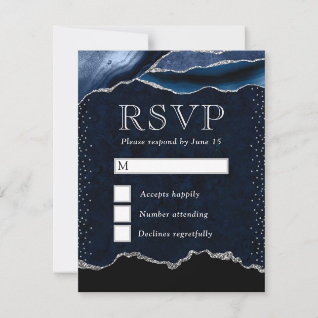 Elegant Blue and Silver Glitter Marble Agate RSVP Card (Front)