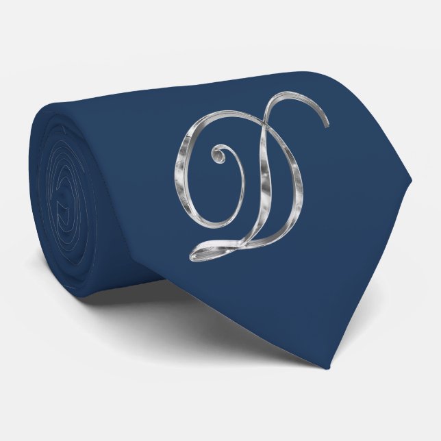Elegant Blue and Silver Grey Monogram D Tie (Rolled)