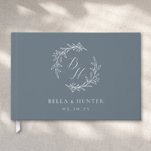 Elegant Blue and Silver Monogram Wreath Wedding Guest Book