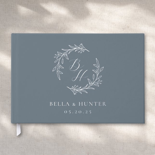 Elegant Blue and Silver Monogram Wreath Wedding Guest Book (Creator Uploaded)