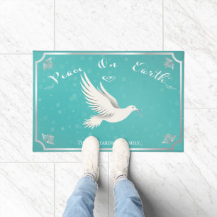 Elegant Blue and Silver 'Peace On Earth' Holiday Doormat