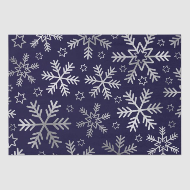 Elegant Blue and  Silver Snowflakes Christmas Tissue Paper (Front)