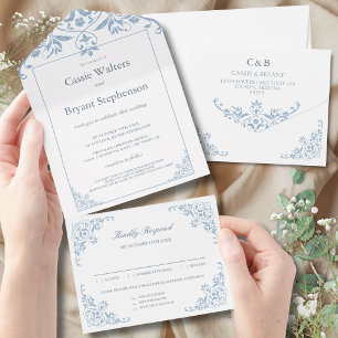 Elegant Blue and White All in One Wedding Invite