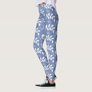 Elegant Blue and White Berries and Branches Leggings